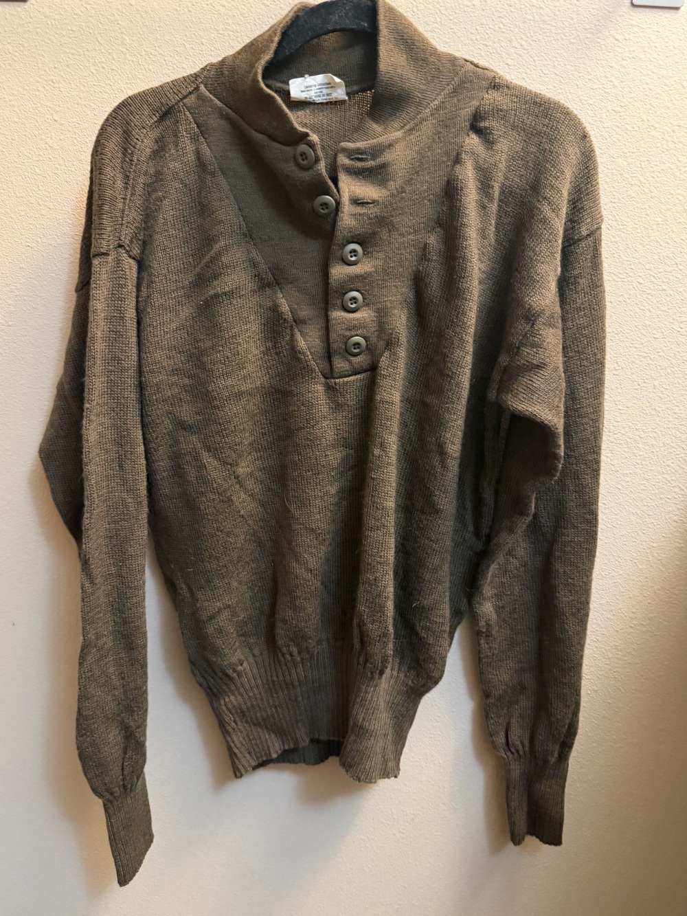 VINTAGE MITTS NITTS WOOL Mens Henley style pullover LG sweater cardigan military
